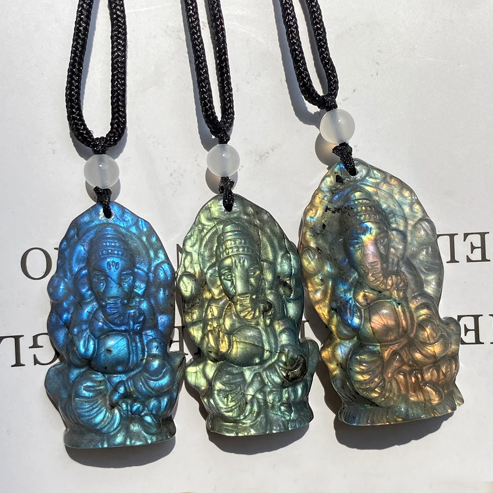 

Цельный кулон Unit из натурального Лабрадорита С сильной вспышкой, индийский слон, Бог, Ганеш, резьба, ожерелье, кулон в подарок