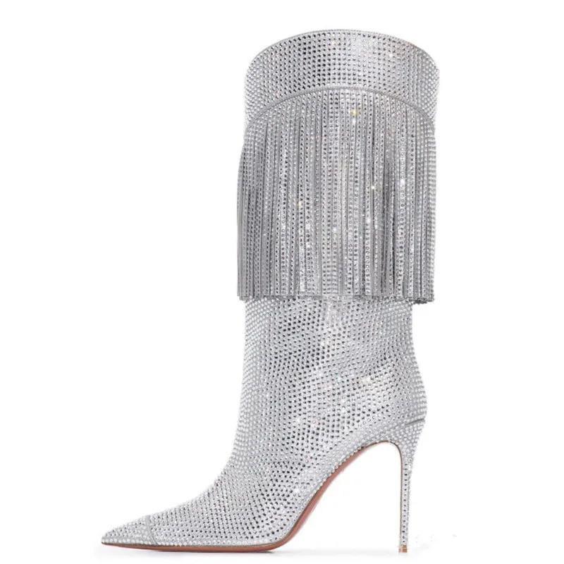 

Bling Bling Rhinestone Tassel Mid Boots Stiletto High Heels Pointed Toe Runway Boots Women Slip On Fringed Crystal Botas