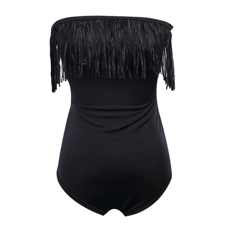Сексуальный черный женский купальник однотонный сплошной с бахромой пуш-ап