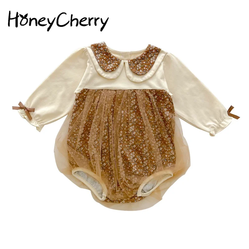 

HoneyCherry Spring new baby long-sleeved floral stitching doll collar Bodysuits sweet beauty baby lace Bodysuits