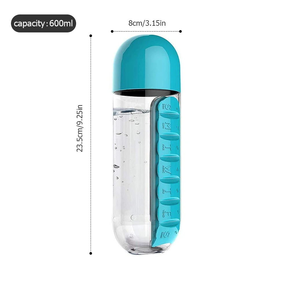 

600ml Sports Plastic Water Bottle Combine Daily Pill Boxes Organizer Drinking Bottles Leak-Proof Bottle Tumbler Outdoor