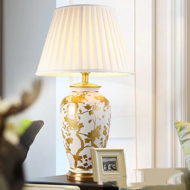 

OUFULA Ceramic Table Lamps Modern Copper Base Desk Light Contemporary Fabric Lampshade for Foyer Living Bed Room Decor