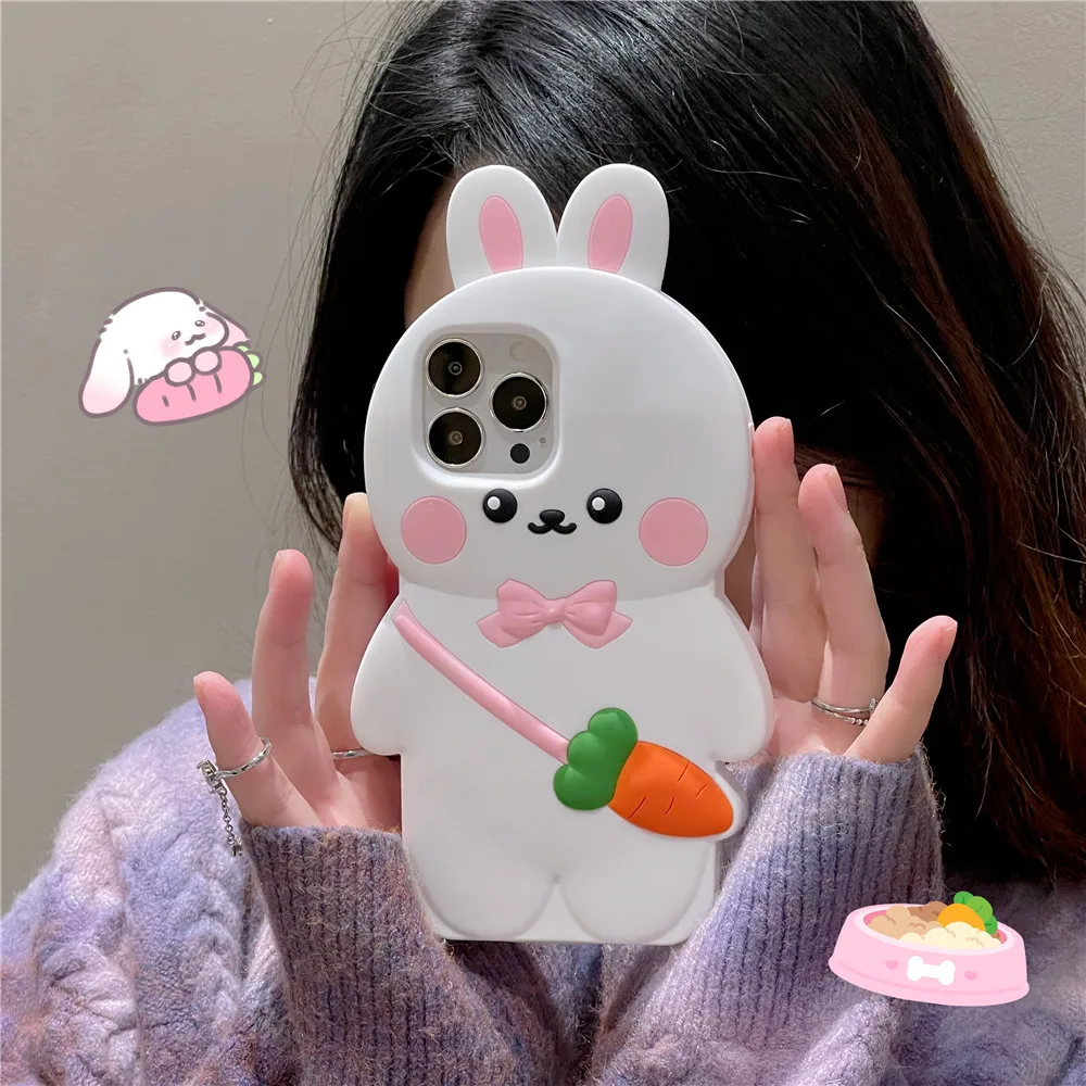 

3D Cartoon Backpack Carrot Rabbit Lovely Bunny Soft Silicone Cover Phone Case For iPhone 11 12 12Pro 12ProMax 13 14 Pro Max Capa