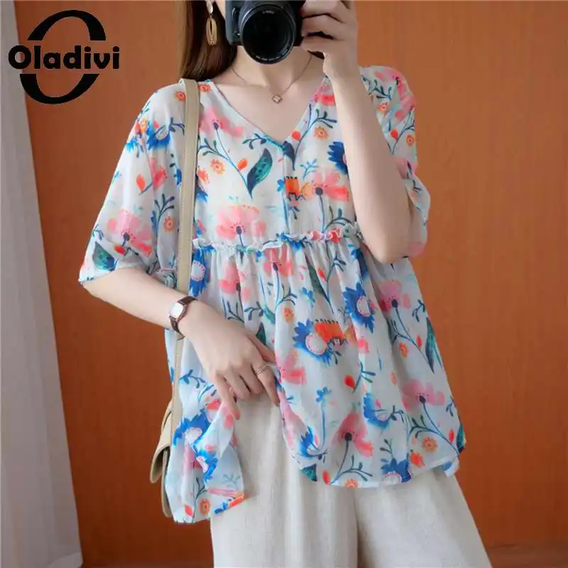 

Oladivi Oversized Short Sleeve V Neck Chiffon Blouses Women Summer 2022 New Casual Loose Shirt Girl Big Top Tees Tunic Blusa 4XL