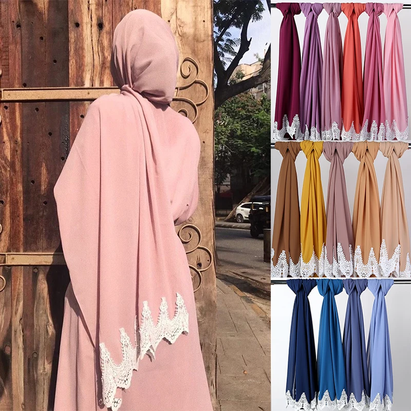 

Женский кружевной шифоновый хиджаб, мусульманский головной платок с кружевом, Осень-зима 175 x см