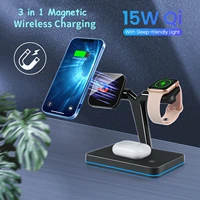 15w qi wireless charger stand 3 in 1 magnetic led fast charging for iphone 13 12 pro max mini airpods 3 2 apple watch 7 6 se 5