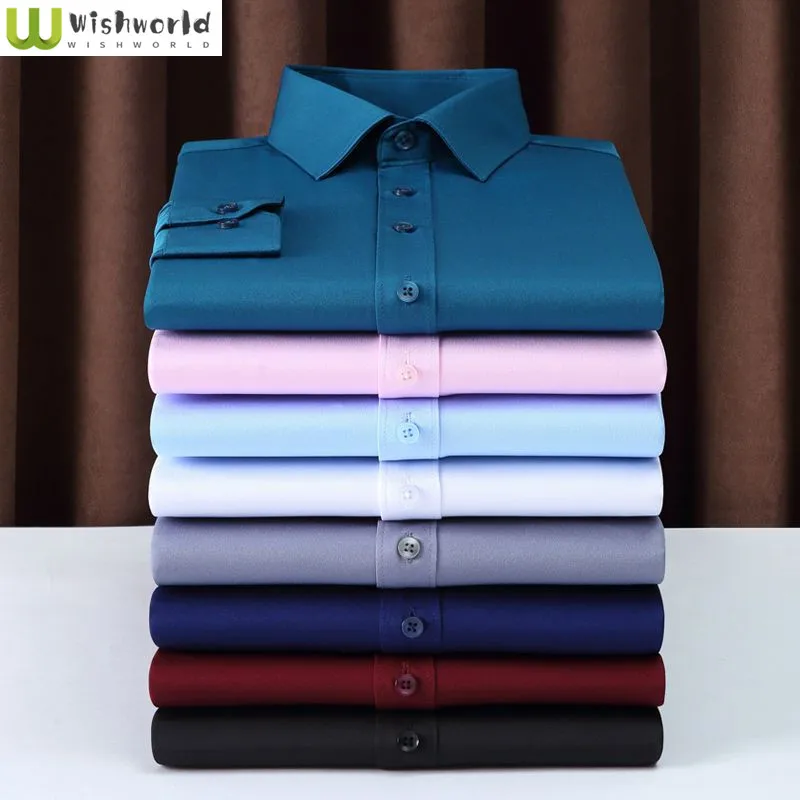 Solid Color Business Casual Elastic Shirt Spring Summer Long Sleeve Professional Young and Middle-aged Fashionable Men's Shirt