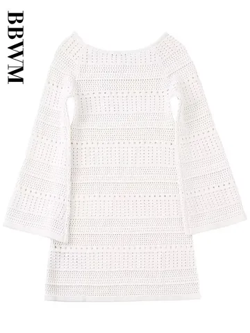 Vintage Long Sleeve Party Dresses Women White Knitted Straight Collar Slim Spring Elegant Chic Female Short Dress 2023