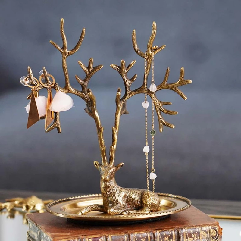 

Indian Brass Vintage Distressed Deer Decorative Jewelry Jewelry Rack Display Stand Home Creative Ornaments
