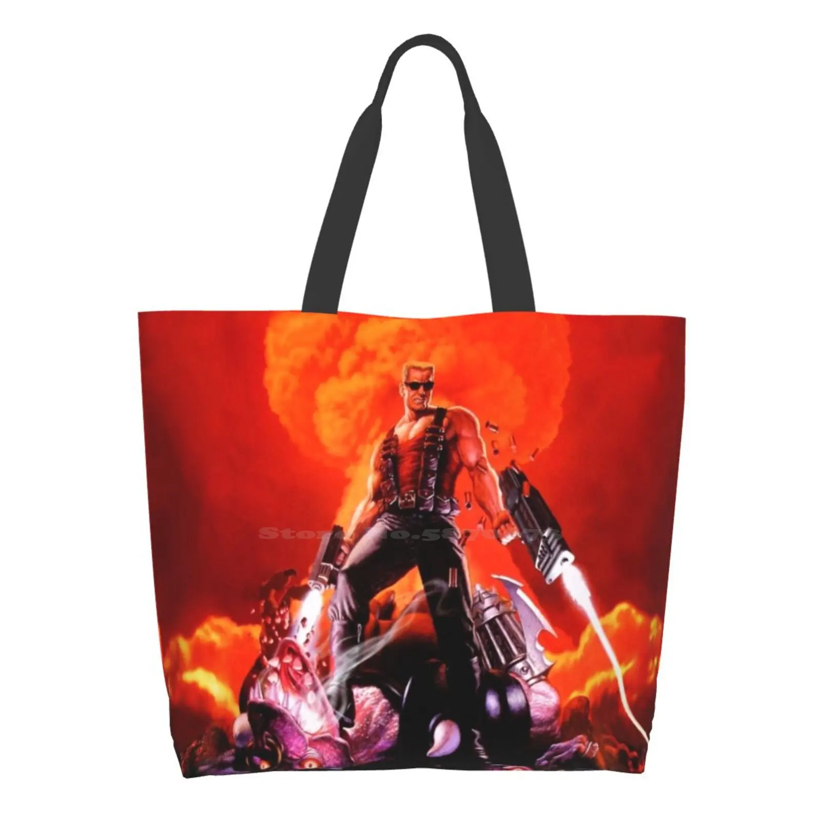 

Nukem 3D Retro Game Print ( High Contrast ) Large Size Reusable Foldable Shopping Bag Nukem 3D Nukum Shadow Id Software Doom