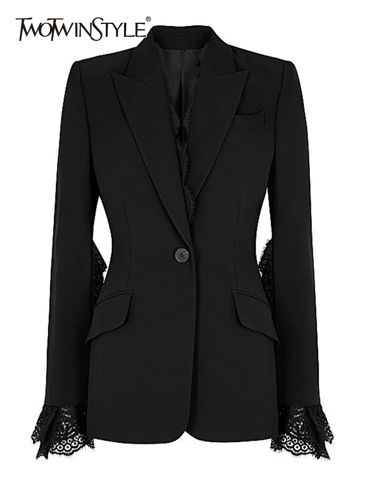 

TWOTWINSTYLE Lace Panel Solid Blazer For Women Notched Collar Long Sleeve Cut Out Slim Blazers Female Fashion Clothing New 2022
