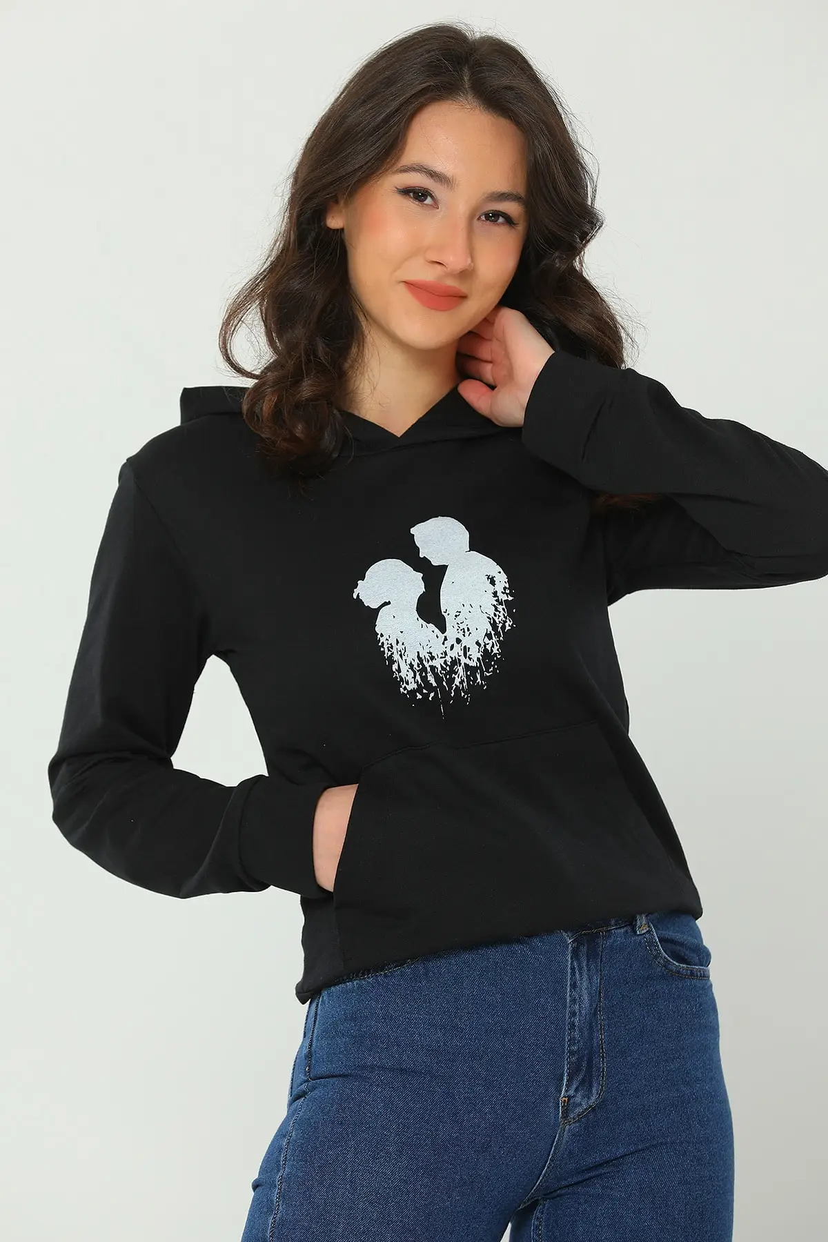 

Women's Sweatshirt Black Lover Combination Hooded Silhouette Printed Hoodies Fashion All Season New Pullovers Fleece