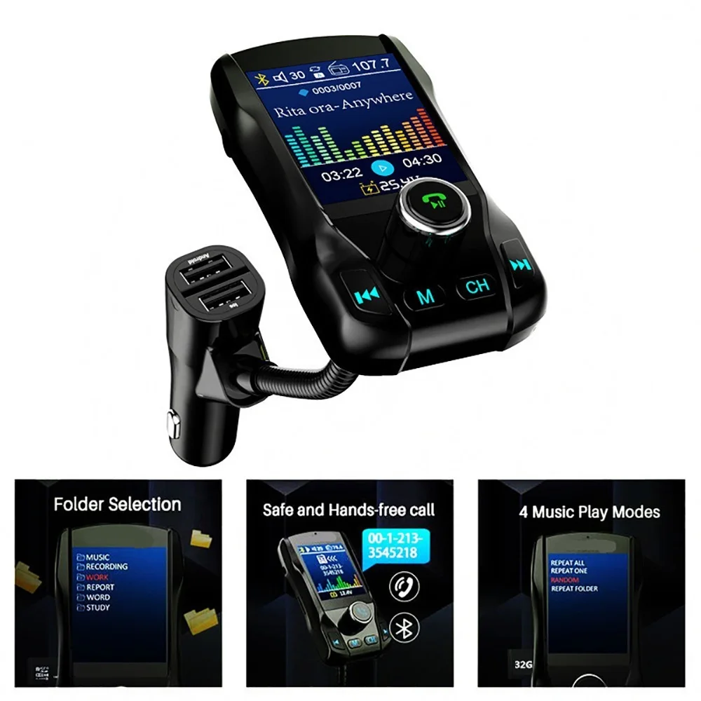 

KEBIDUMEI Wireless Bluetooth Car FM MP3 Audio Transmitter Handsfree 350 rotatable with 5V 2.1A Dual USB Charge Color Screen
