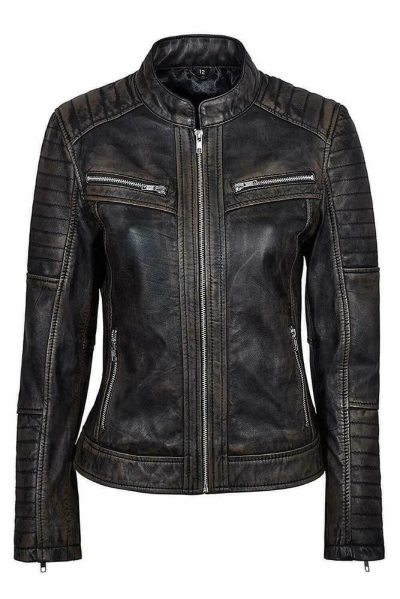 Women's Leather Jacket Genuine Sheepskin Leather Black Slim Motorcycle Jacket European and American Fashion Trends