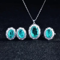new luxury silver color wedding jewelry sets oval paraiba tourmaline stone pendant necklaces earrings lake green cz rings