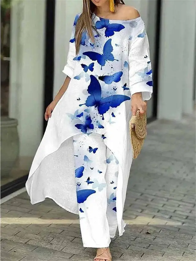 

Fashion O-neck Irregular Pullover Tops and Long Pant Outfits Women Casual Long Sleeve Loose Suits Elegant Flower Print 2Pc Sets