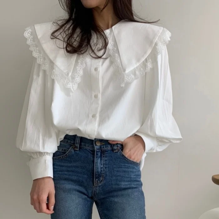 Женская блузка Корейская Шикарная новая свободная кружевная рубашка с кукольным