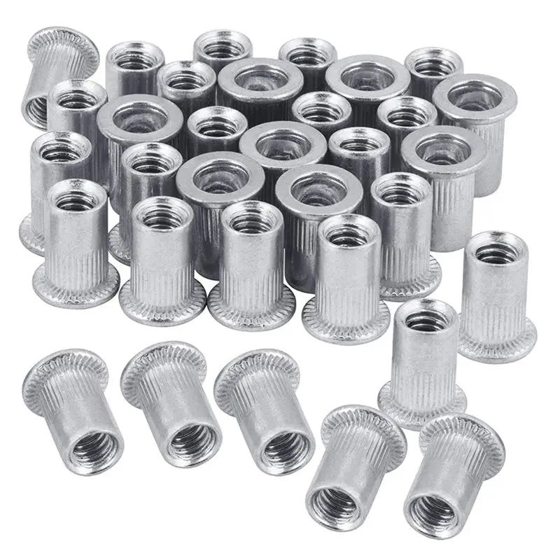 Фото Гайка-заклепка A76I-Nut, 100 шт., 1/4 дюйма-20UNC, нержавеющая сталь 304, с плоской головкой, резьбовая вставка, накатанная, вертикальная заклепочная гайка №1