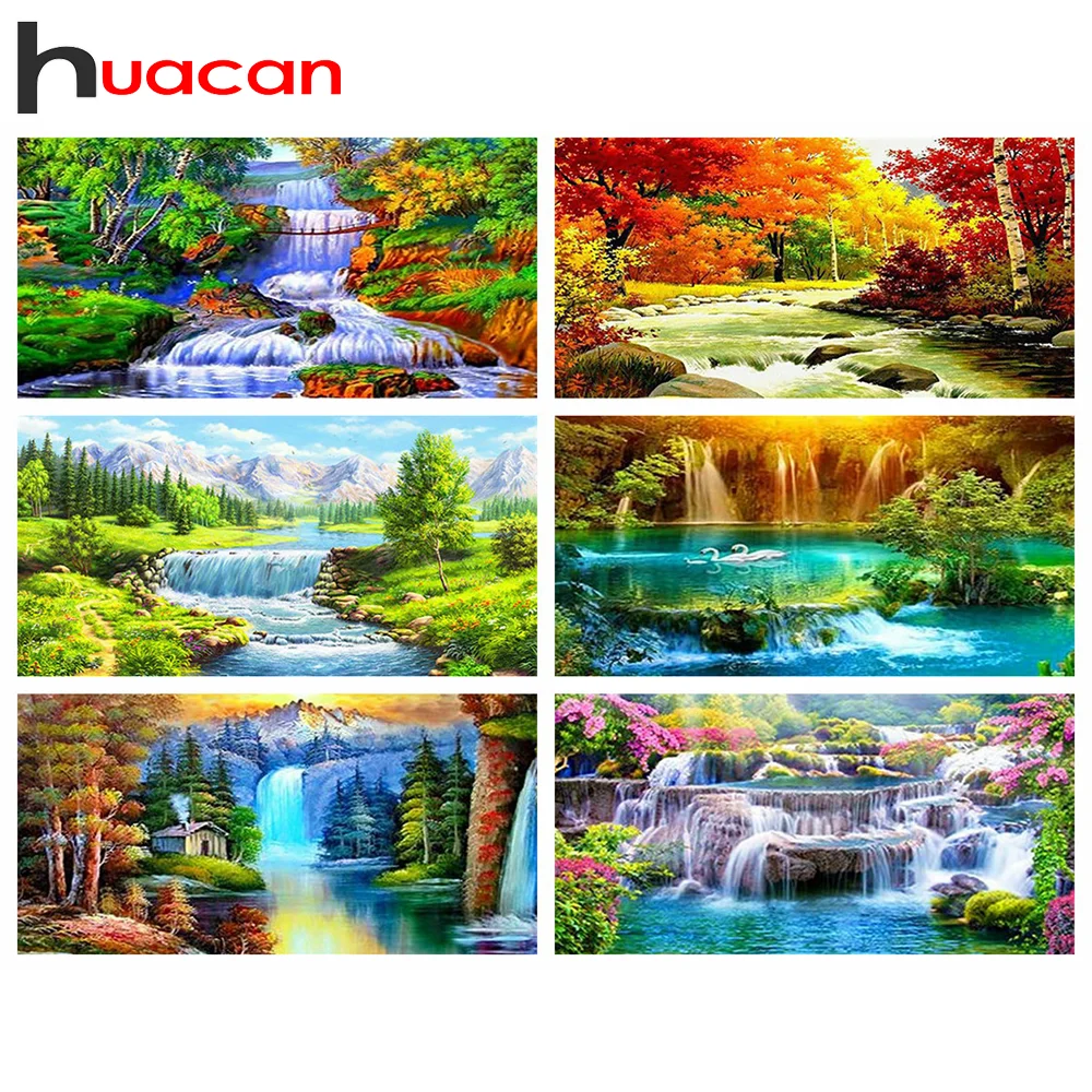 

Алмазная 5D картина Huacan, полноразмерная/круглая мозаика с изображением водопада, пейзаж, вышивка, лес, для дома
