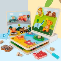 kids hand grab board 3d puzzle wooden toy for children cartoon animalvehicle jigsaw toddler baby early educational learning toy