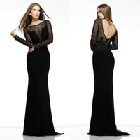 2018 sexy v style open back long sleeve prom gowns beaded black sheer sleeves lace evening gown mother of the bride dresses