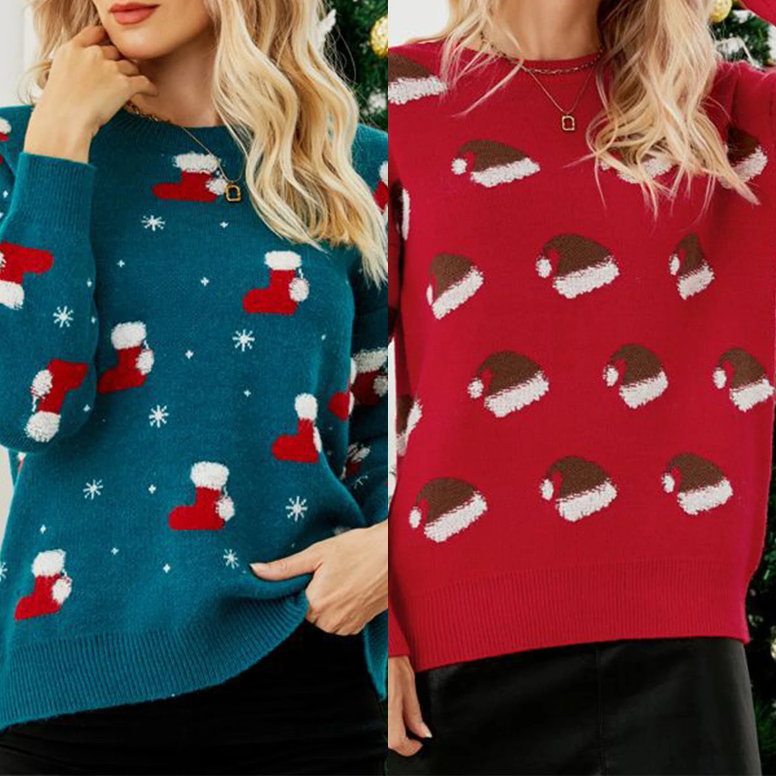 

Женские Вязаные Пуловеры свободного кроя, Рождественская шляпа, женский свитер с длинным рукавом, повседневный наряд для отпуска с круглым вырезом
