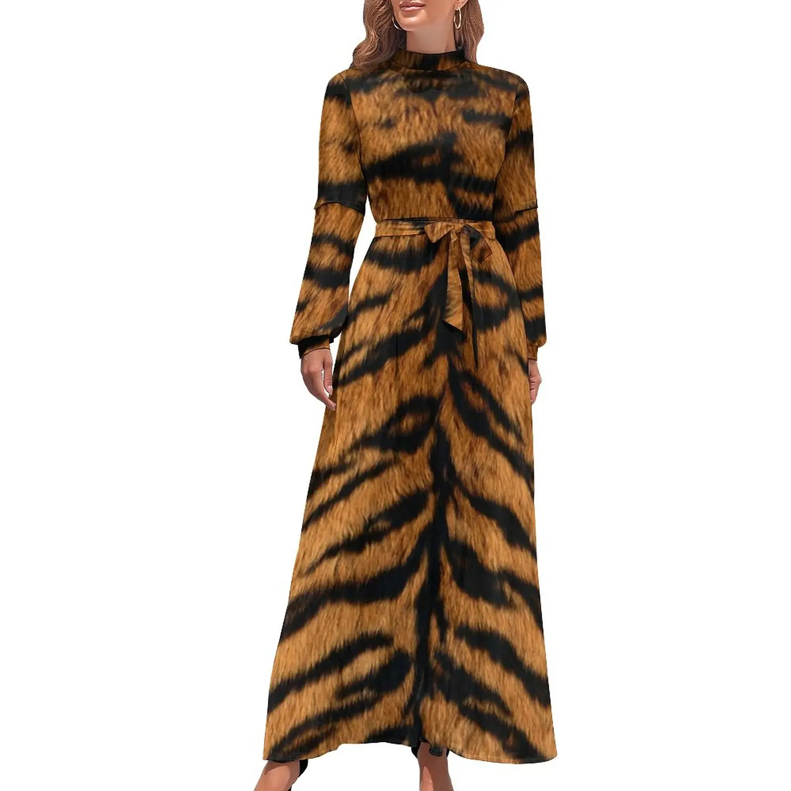 

Unique Tiger Print Dress Wild Animal Fur Party Maxi Dress Street Wear Boho Beach Long Dresses High Waist Printed Clothing
