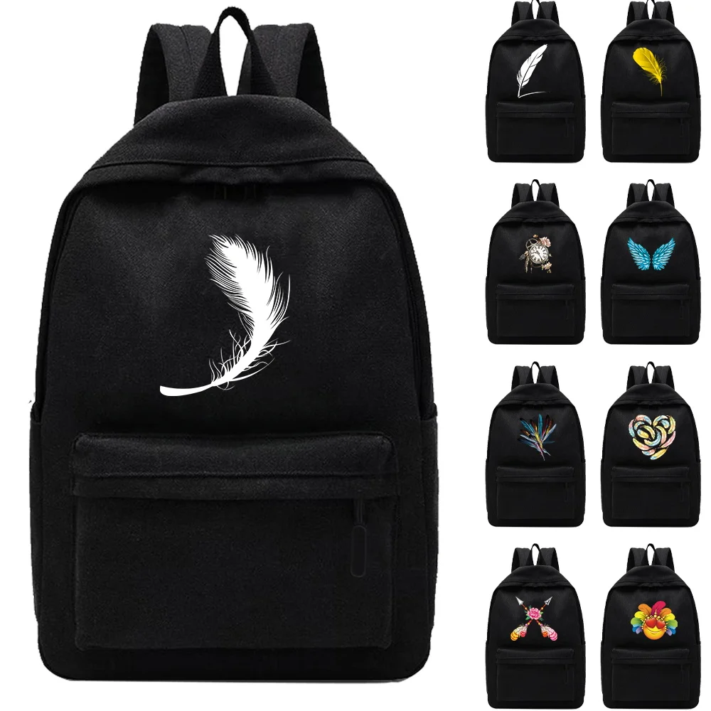 

Women's Backpack Feather Print Multifunction Double Zipper Teenager Laptop Backpack Student Shoulder Bag Korean Style Schoolbag