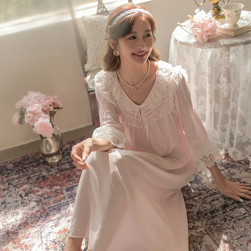 Palace Princess Nightdress Women's Spring Autumn 2022 New Mesh Long Sleeve Nightgown Home Clothes Sleepwear Lady Dress Nightwear