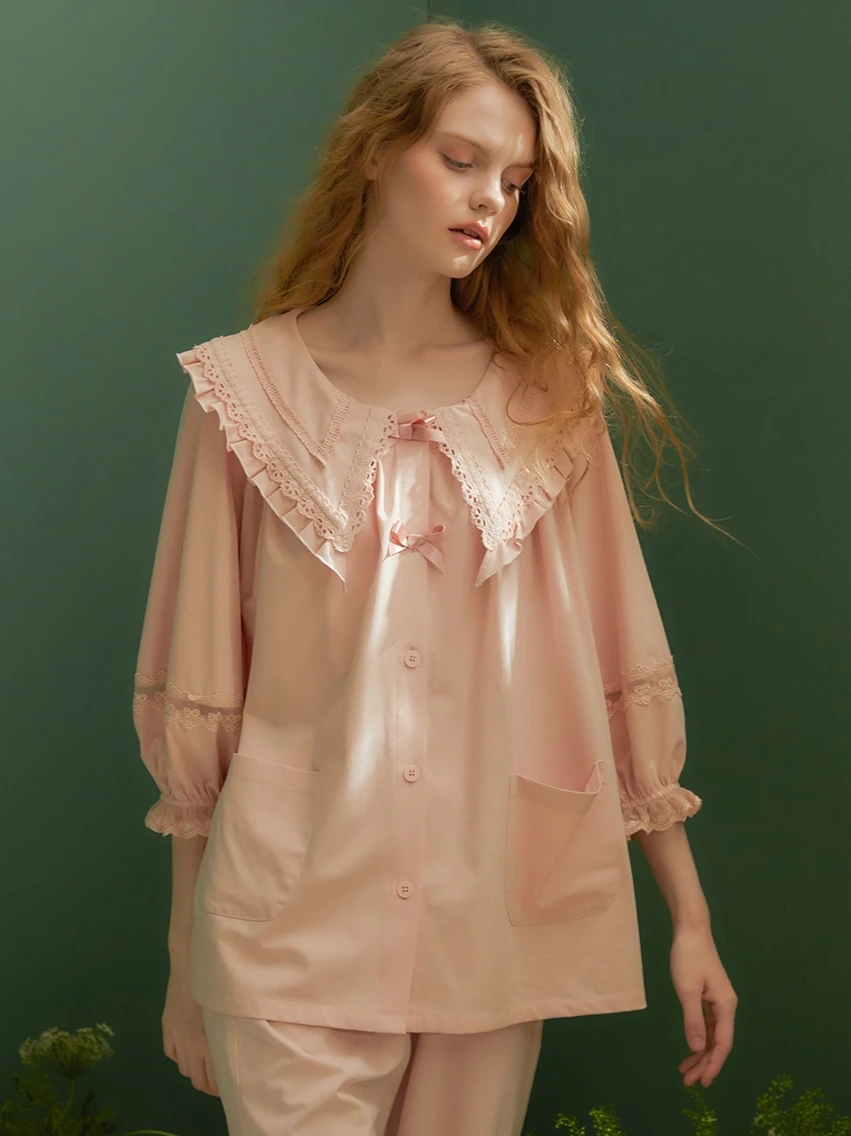 Пижамный комплект Женский из мягкого хлопка с длинным рукавом и вышивкой