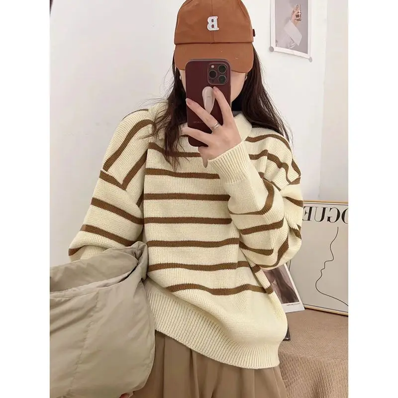 

Vintage Contrast Color Striped Polo Collar Knited Women's Closing Winter New Loose Elegant Pullover Long Sleeve Sweater Women
