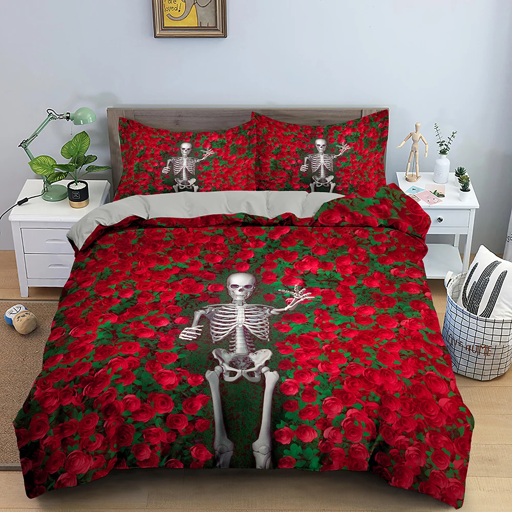 

Quilt Cover With Zipper Closure 2/3pcs Queen Size Comforter Sets Skull Duvet Cover 220x240 Skeleton Bedding Set Luxury