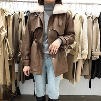2021 temperament plus velvet pu leather jacket womens winter new drawstring waist fur collar thick loose coat trend oversized