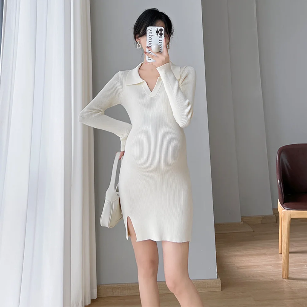 Dress Maternity New Slim Knit Mid-Length Sweater Lapel 2022 Autumn Winter Real Shot Solid ColorTemperament Suit Slim Plus Size