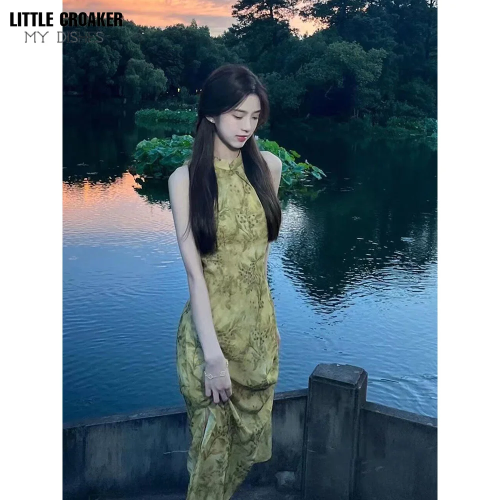 Платье-Ципао женское зеленое крутое шифоновое модифицированное сказочное