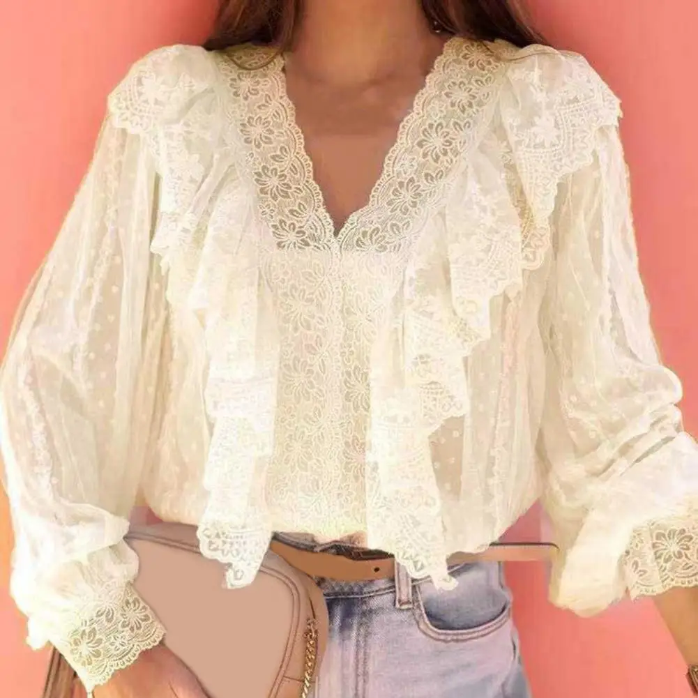 

V-Neck Lantern Long Sleeve Ruffles Stitching Loose Breathable Autumn Blouse Sweet Style Lace Pullover Tops Female Clothing