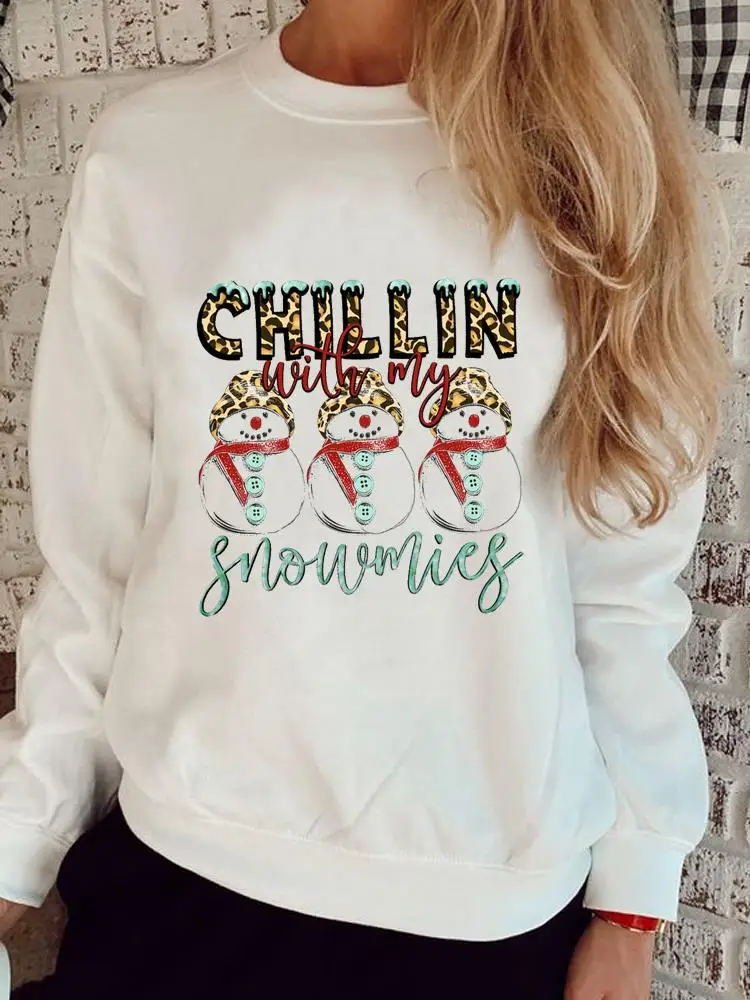 

Graphic Sweatshirts Happy New Year Print O-neck Merry Christmas Leopard Letter Snowman Trend Pullovers Women Fashion Clothing