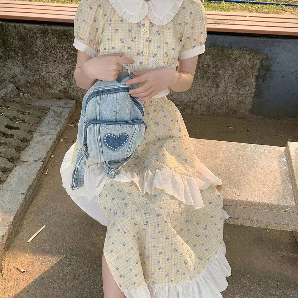 Fashion Denim Women Backpack Heart  School Backpacks Diamonds Shoulder Bags for Women 2023 Small Canvas Book Bag Travel Bag Chic