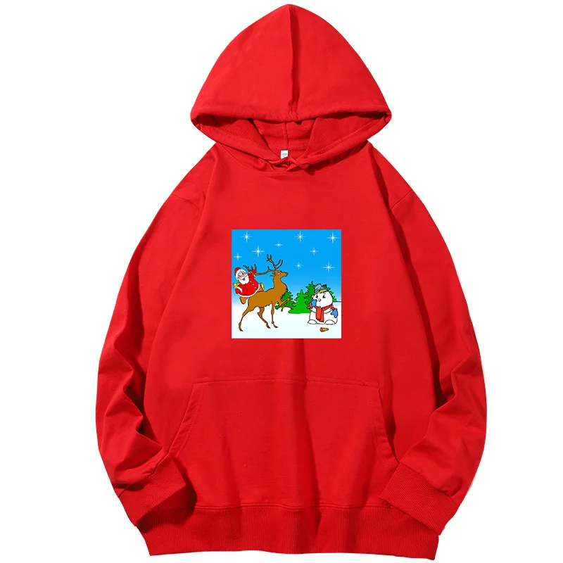 santa claus rides on deer and snowman graphic Hooded sweatshirts Christmas tree and presents christmas sweatshirt hoodies women