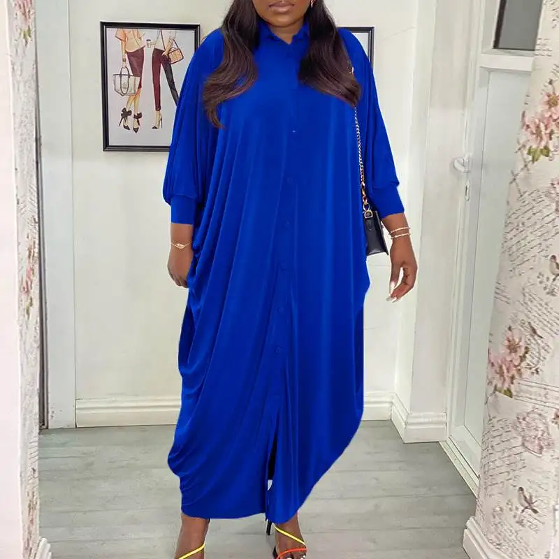 

VONDA Plus Size Beach Sundress Women Lapel Collar Party Maxi Dress Autumn Casual Button Robe Solid Holiday Vestidos Oversized