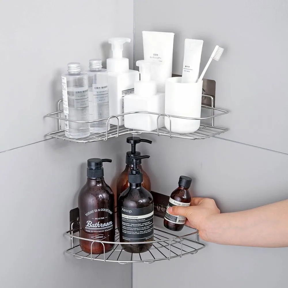 

1pc Stainless Steel Bathroom Storage Shelf Wall Rack Corner Shower Caddy Cosmetic Shampoo Holder Drain Rack Bathroom Organizer