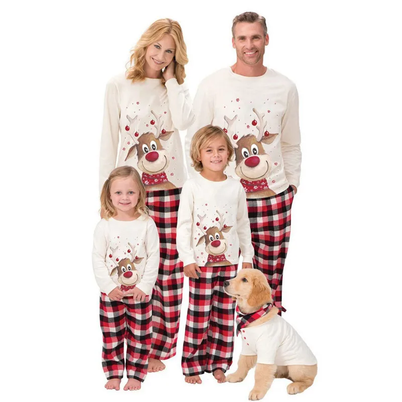 

Merry Christmas Parent-child Outfit Long Sleeve Home Service Suit Elk Plaid Cotton Thicken Pajamas Set Cute Pet Clothing