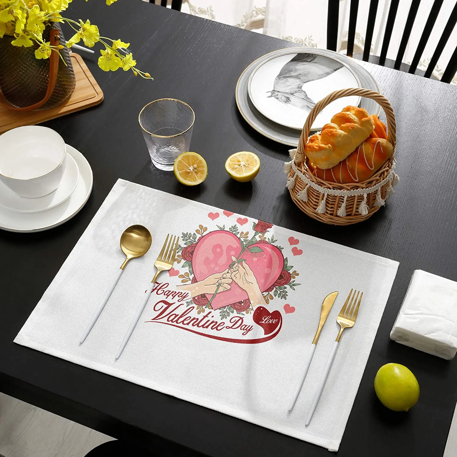 

Valentine's Day Placemat Lover Rose Love Heart Heat Resistant Kitchen Table Mats Easy to Clean Burlap Placemats for Dining