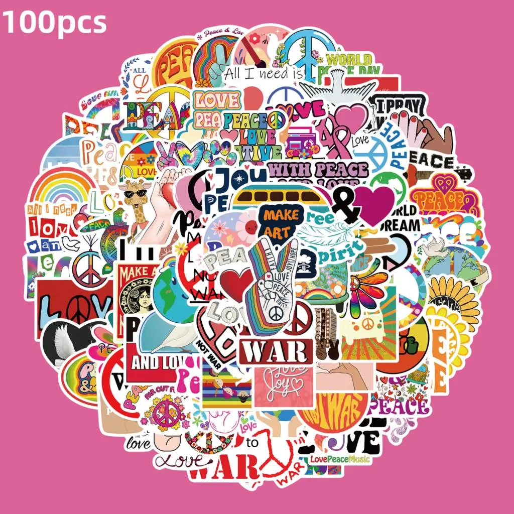 

50/100PCS Hippies Style World Love And Peace Stickers Aesthetic Motorcycle Laptop Skateboards Guitar Diary Stationery Sticker