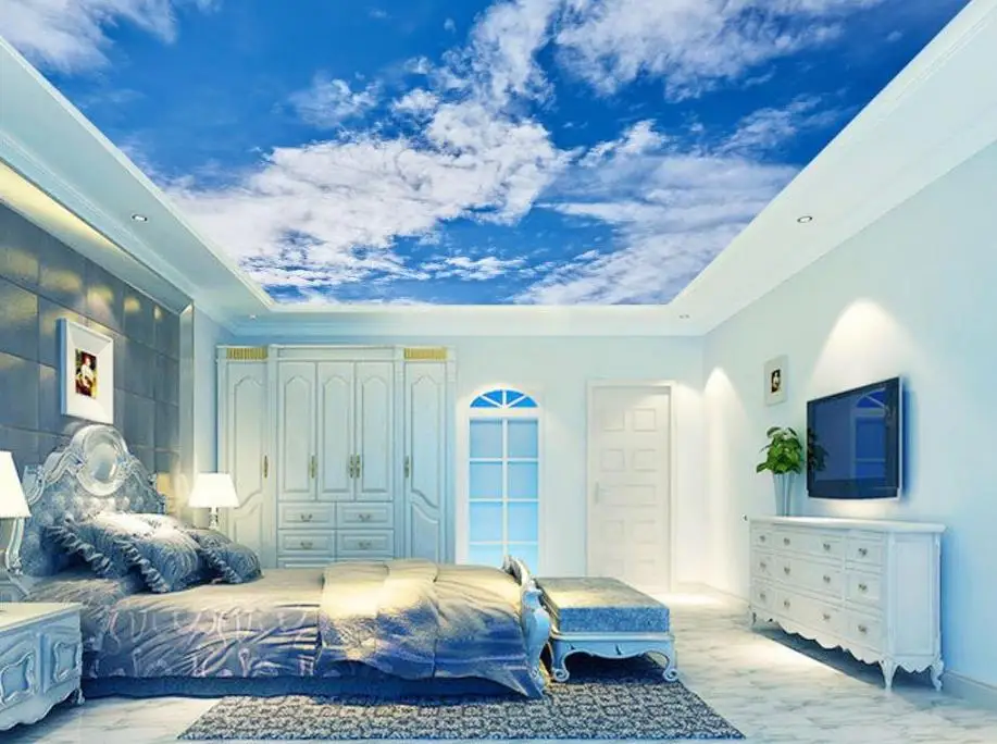 

HD Blue Sky And White Clouds Photo Wallpaper 3D Sky Ceiling Wallpaper Stereoscopi Bedroom Living Room Wallpaper 3D Ceiling