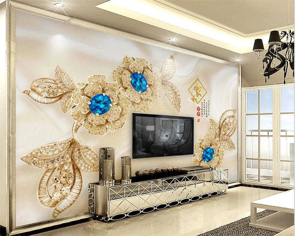 

Customized large wallpaper European style beautiful 3d blue gem flower jewelry background wall living room decoration wallpapers