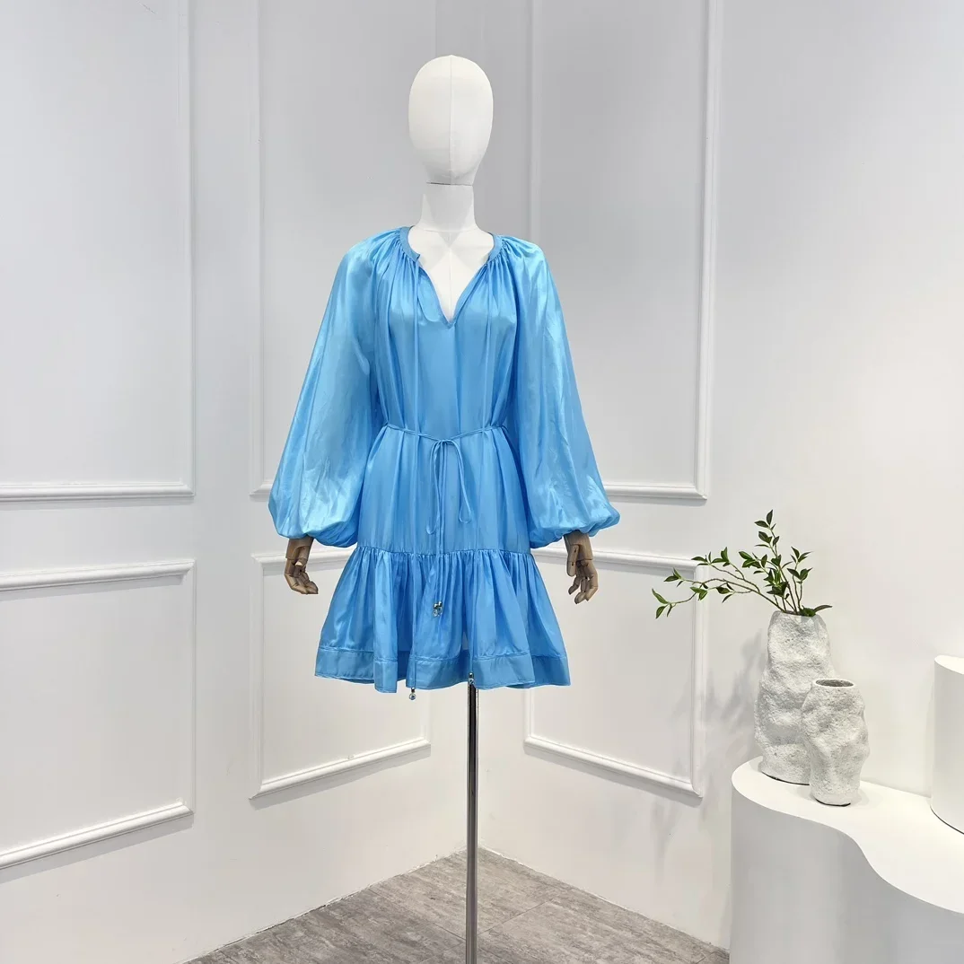 

2023 New Blue Spring Summer High Quality Casual Long Lantern Sleeve Lace-up Frill Woman Mini Dress