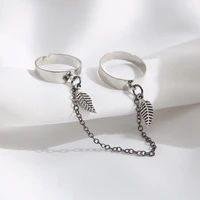 2pcset fashion punk vintage chain leaf ring set women hip hop open ring metal silver color chain geometric party jewelry gift