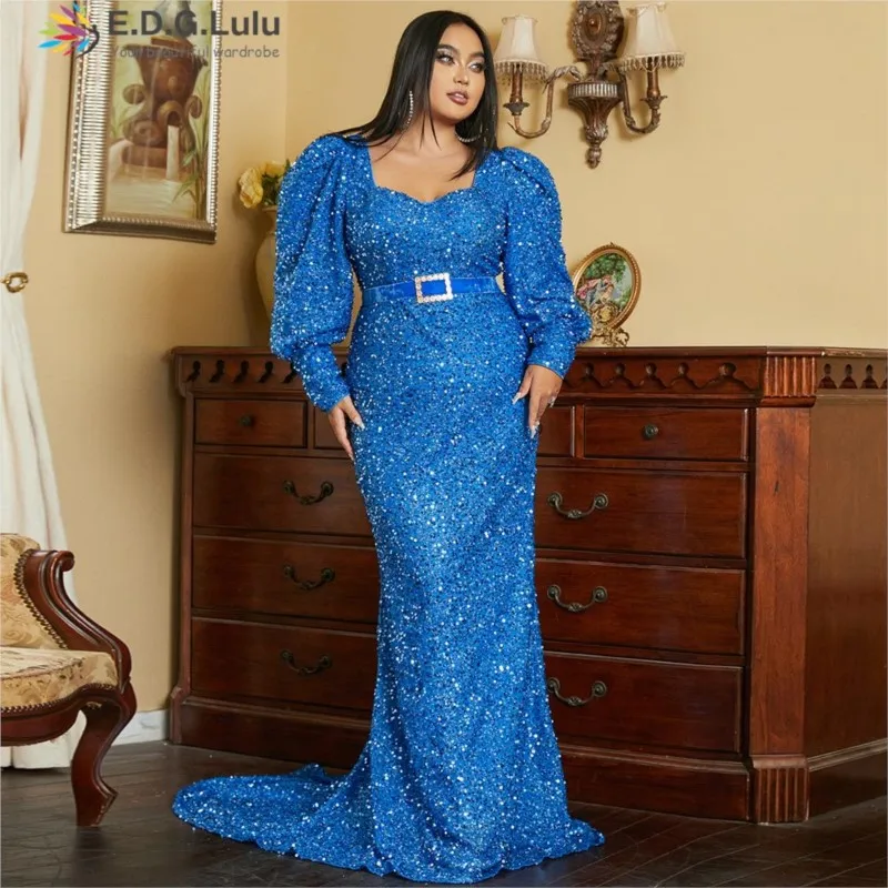 EDGLuLu Plus Size Long Sleeve Blue Sequin Maxi Birthday Dress For Women Floor Length Mermaid Dress Evening Night Party Dress0225
