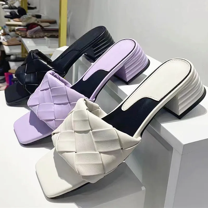 

2022 New Summer Design Shoes Women Weave Slipper Square Toe Heels High Quality Gladiator Beach Womens Sandal Slides Shoes